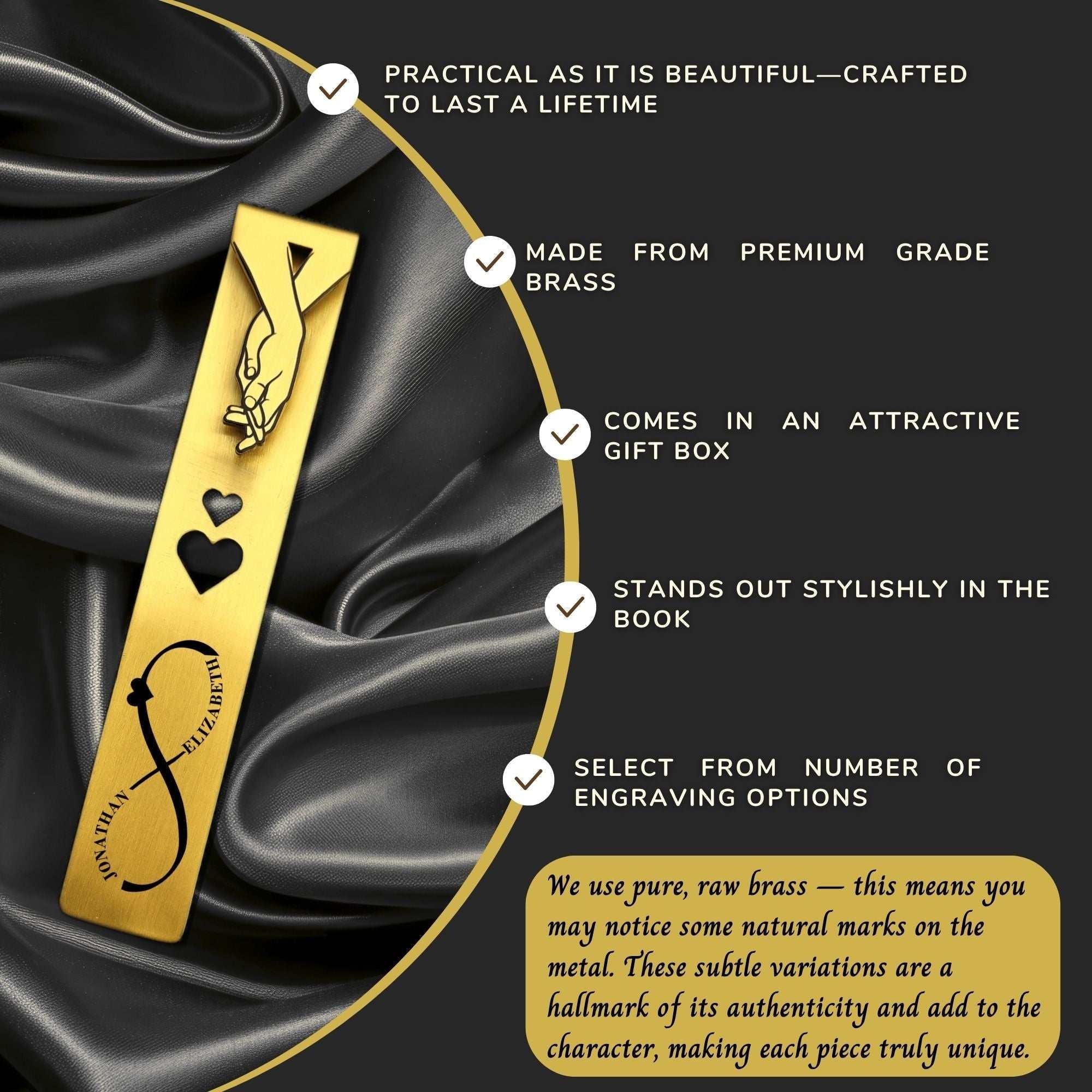 Personalised brass bookmark engraved with names and date, 21st wedding anniversary gift for wife in an attractive box