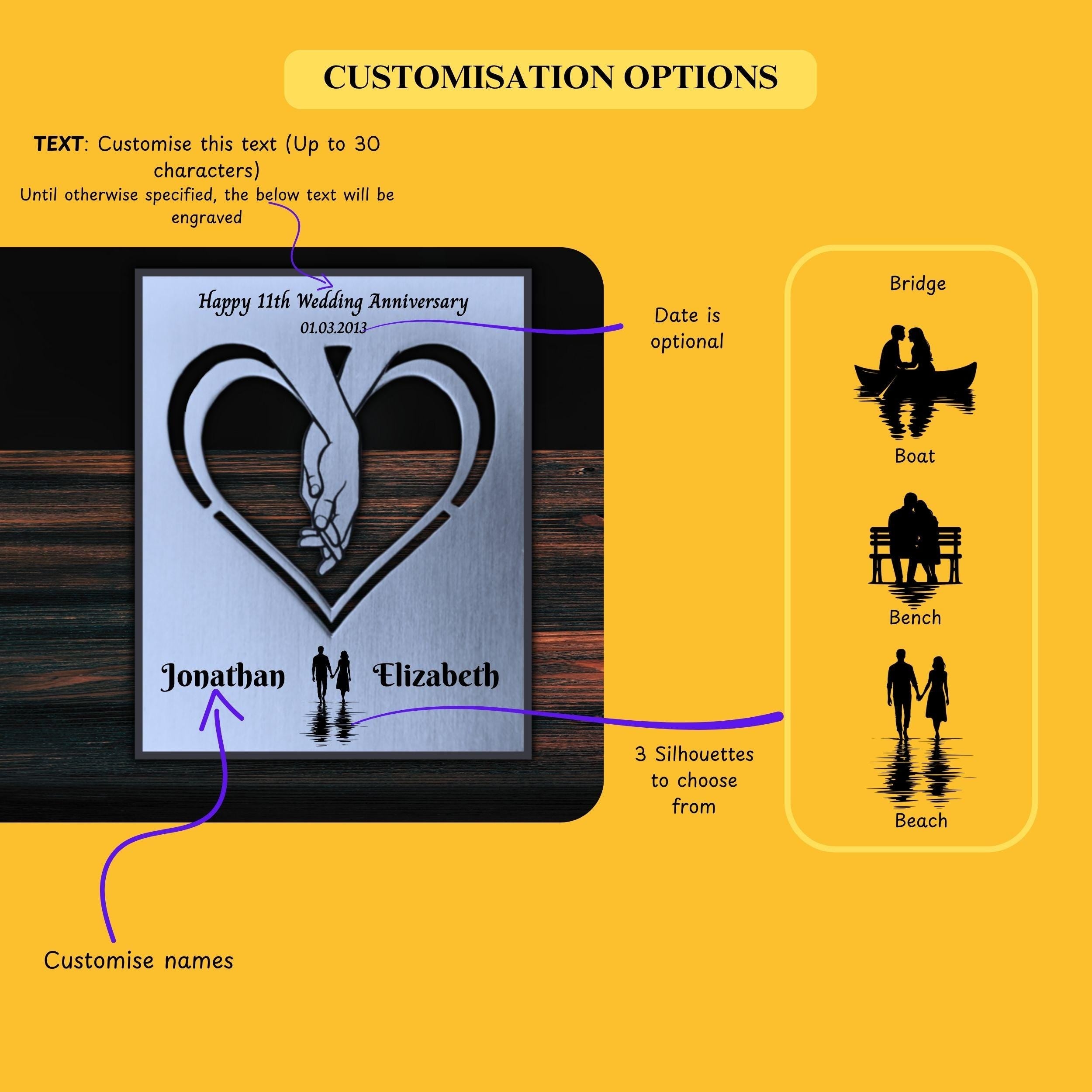 Silhouette 11th Wedding Anniversary Steel Mantelpiece Rowdy Robin
