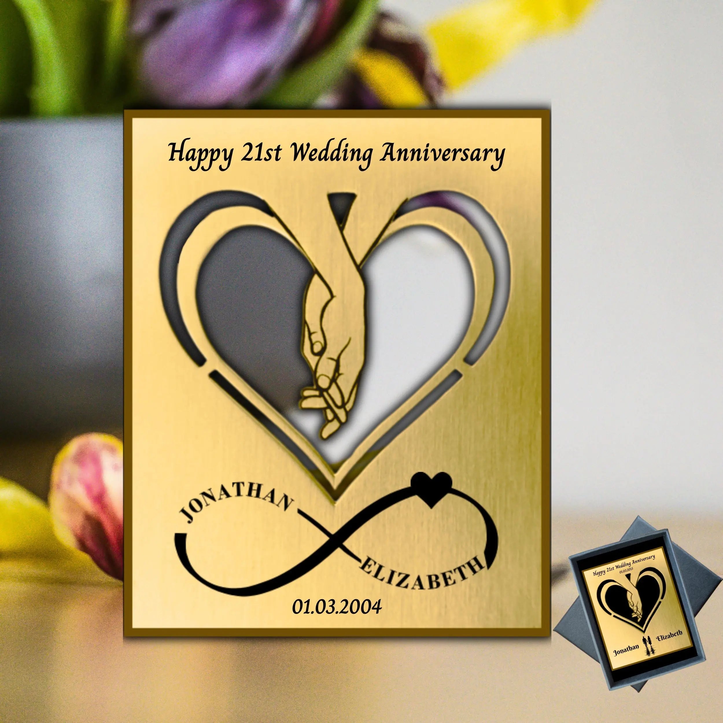 Infinite Love 21st wedding anniversary Brass mantelpiece Rowdy Robin