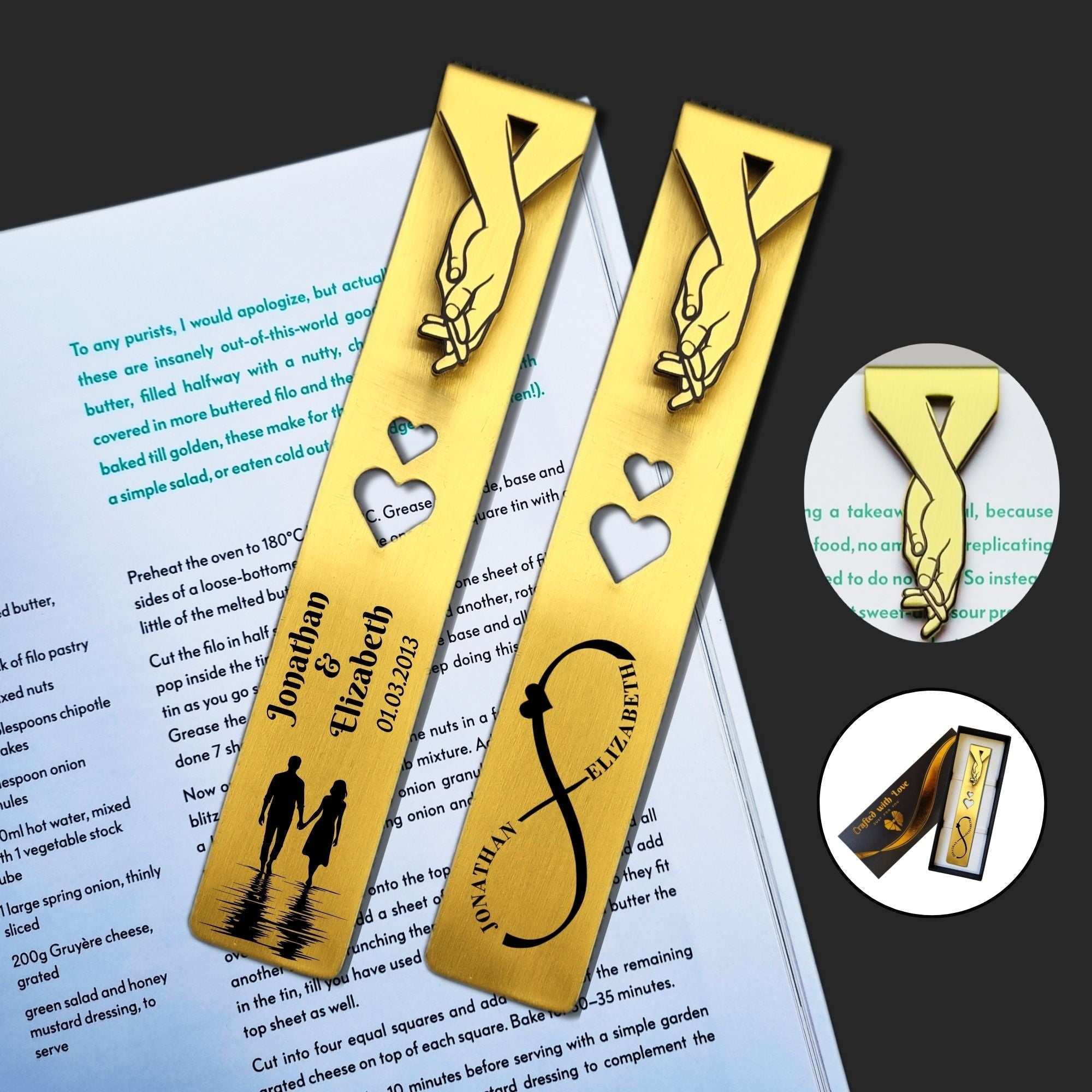 Personalised brass bookmark engraved with names and date, 21st wedding anniversary gift for wife in gift box