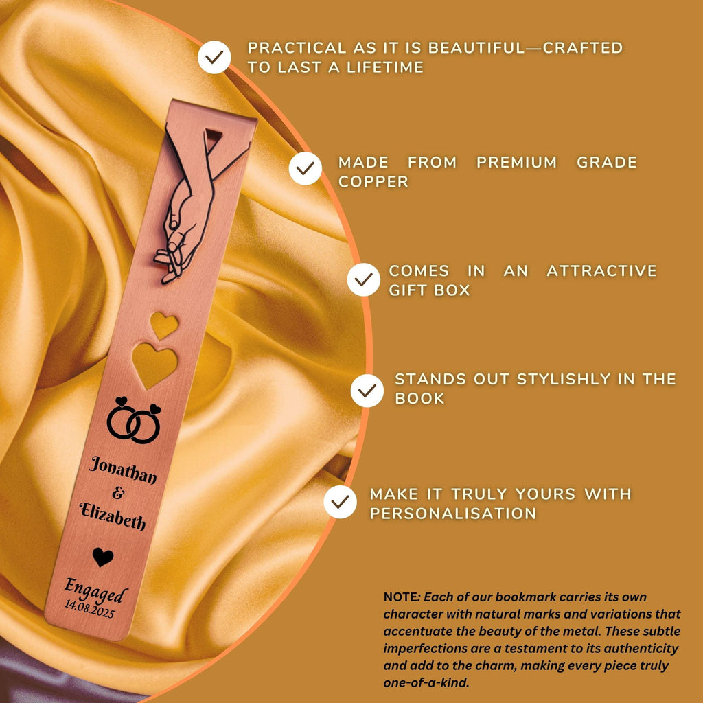 Engagement gift for Couples Copper bookmark with rings Rowdy Robin