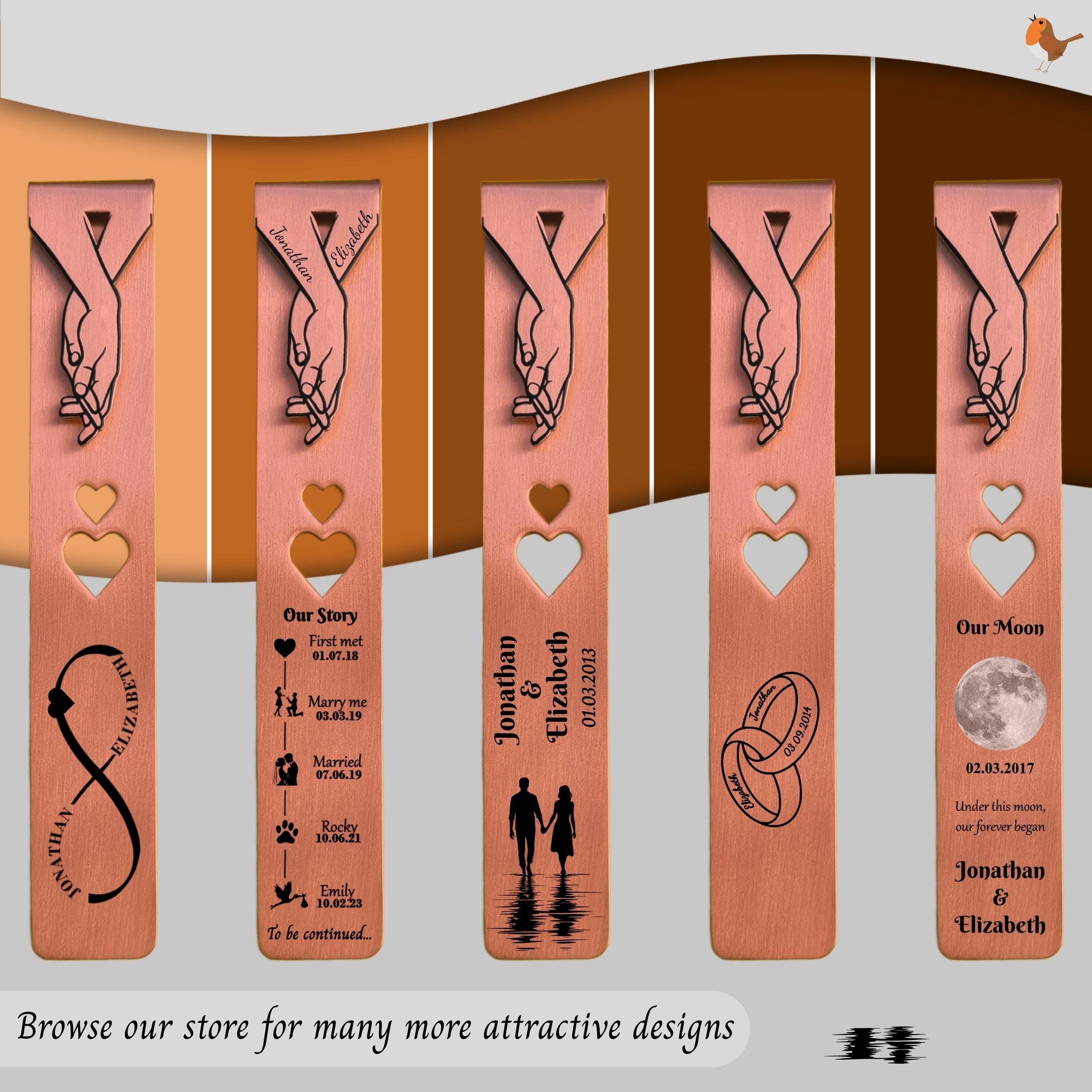 Engagement gift for Couples Copper bookmark with rings Rowdy Robin